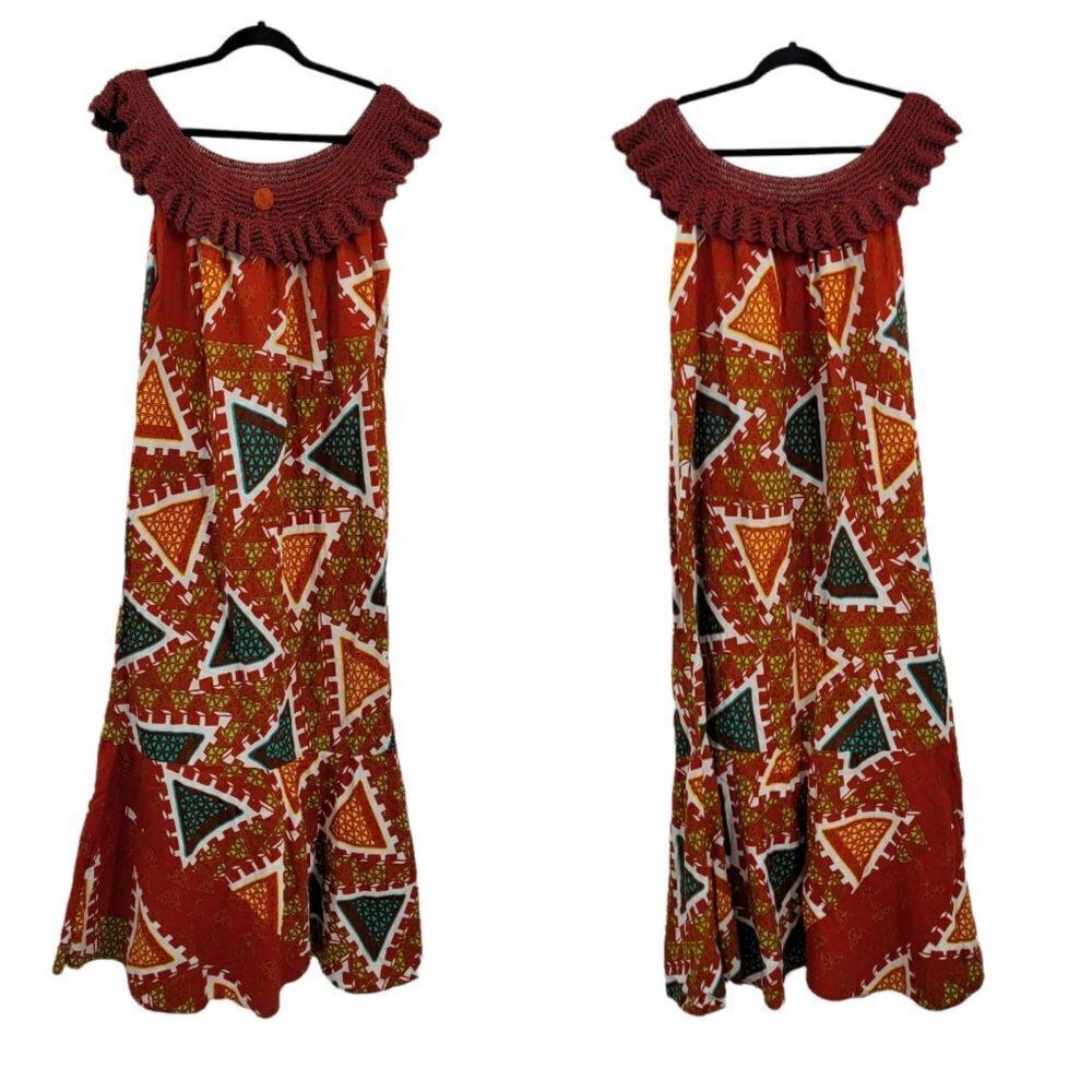 Vtg 70's Dress Handmade Crochet Ruffle Off Shoulder Collar Mermaid Maxi Red Sz M